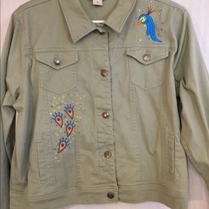 Stretch Denim Jacket with Peacock Embroidery
